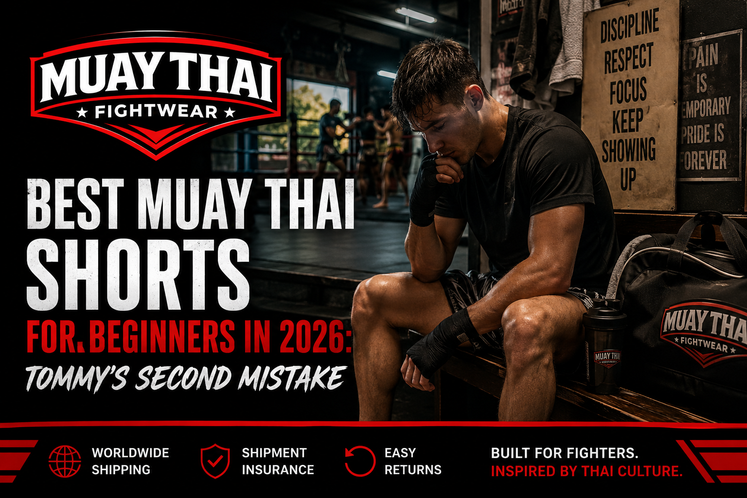 Beginner Muay Thai fighter walking into gym for first class – overcome fear and start training with premium Muay Thai shorts Thailand