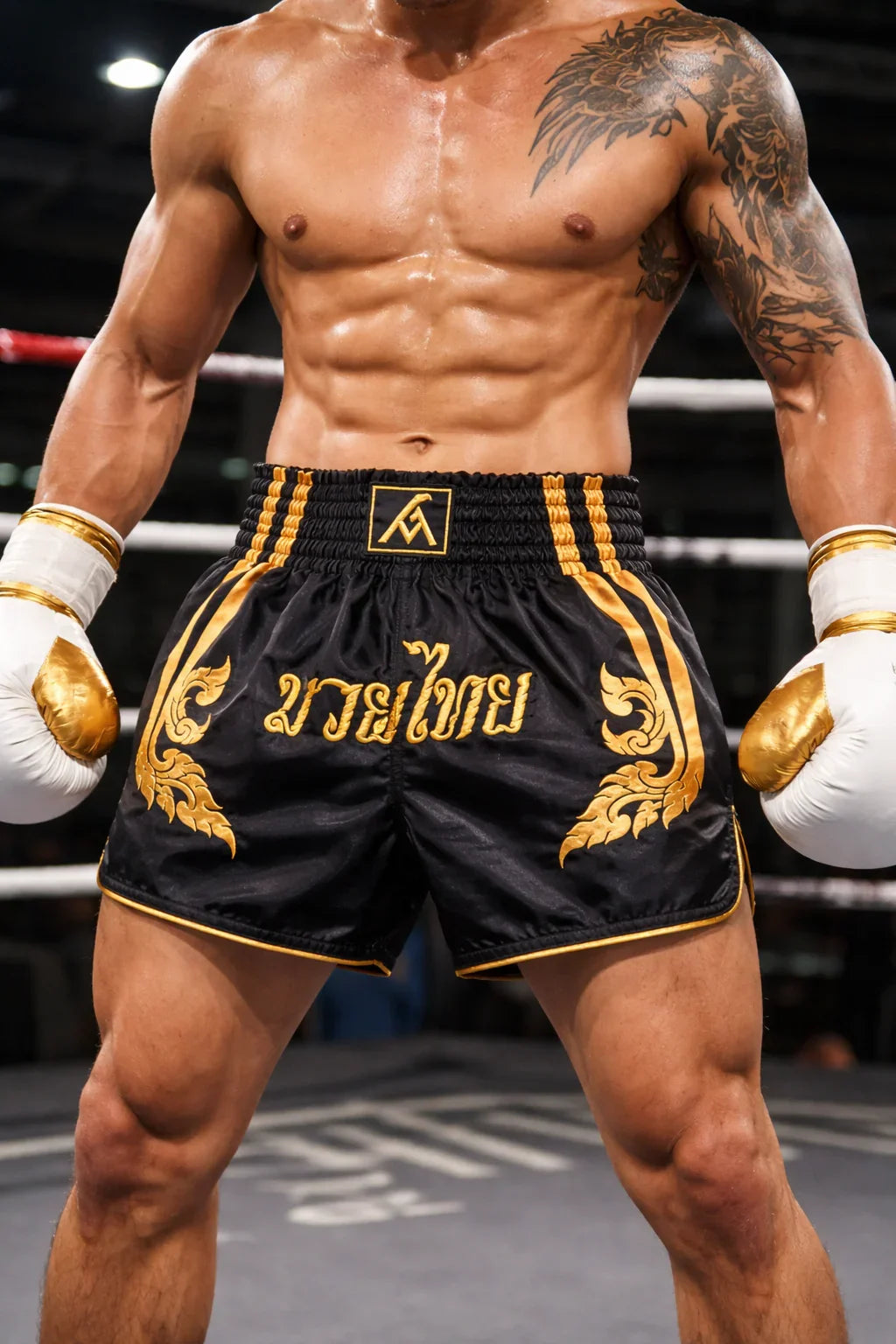 Professional Muay Thai Shorts – Black & Gold Edition