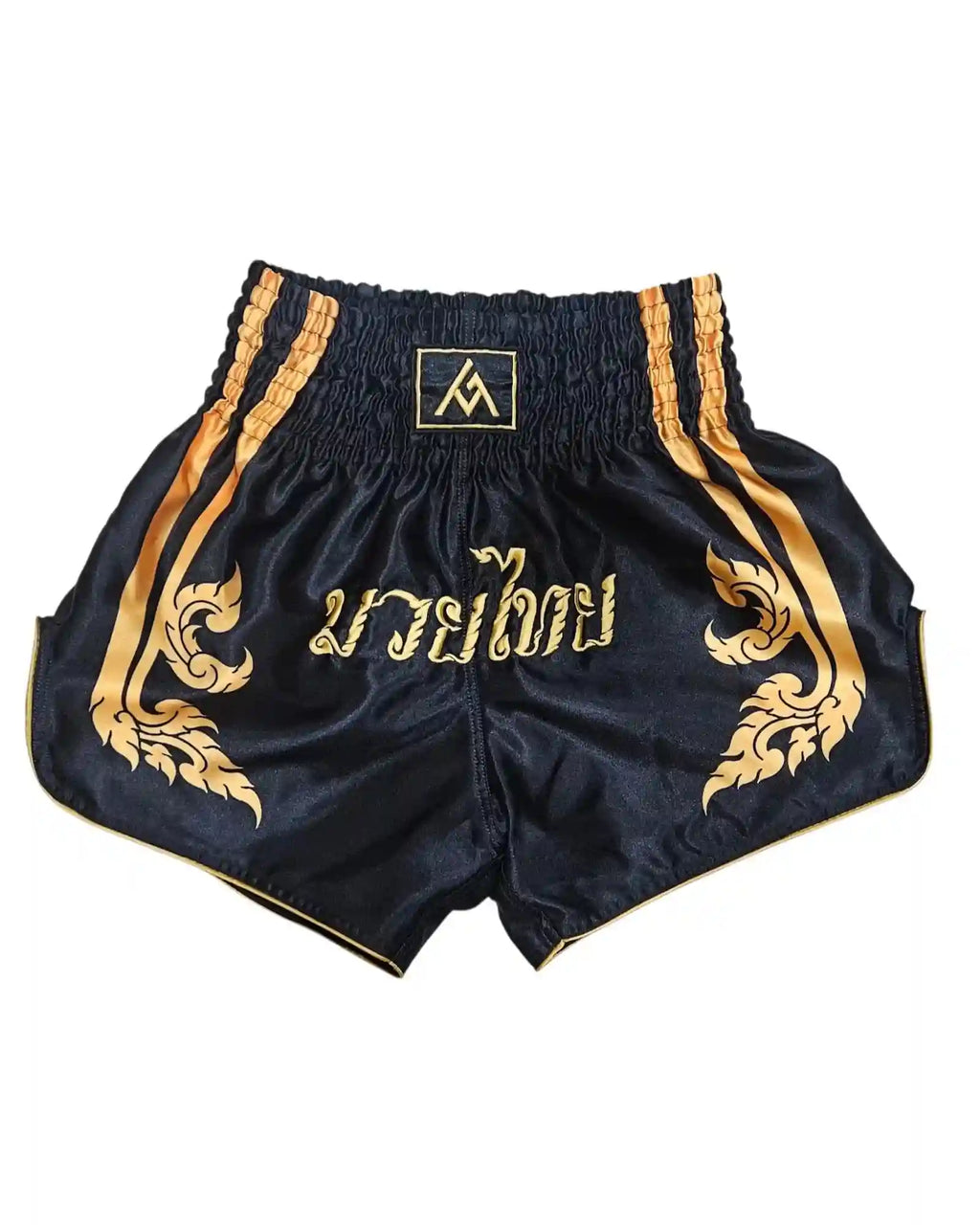 Black Gold Muay Thai shorts – premium satin competition fight shorts front view – buy elite Muay Thai gear Thailand

