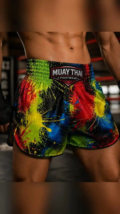 Chaos Splash Muay Thai shorts – vibrant splash pattern detail close-up on premium satin – shop elite fight wear Thailand
