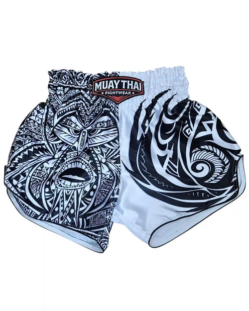 Maori Reign Muay Thai shorts – bold tribal pattern premium fight shorts front view – buy authentic Muay Thai gear Thailand
