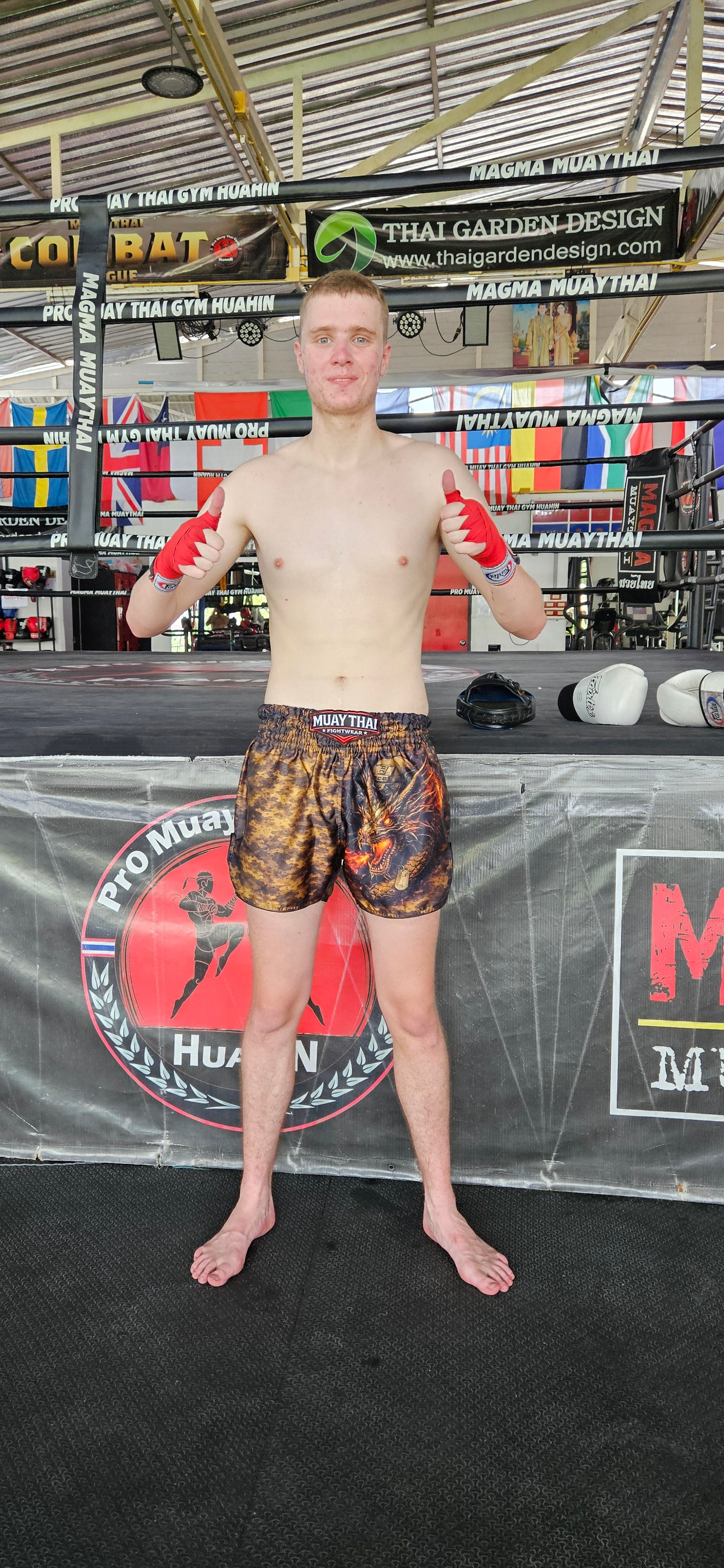 Military Muay Thai shorts close-up – premium stitching and durable fabric detail – shop authentic fight wear Thailand
