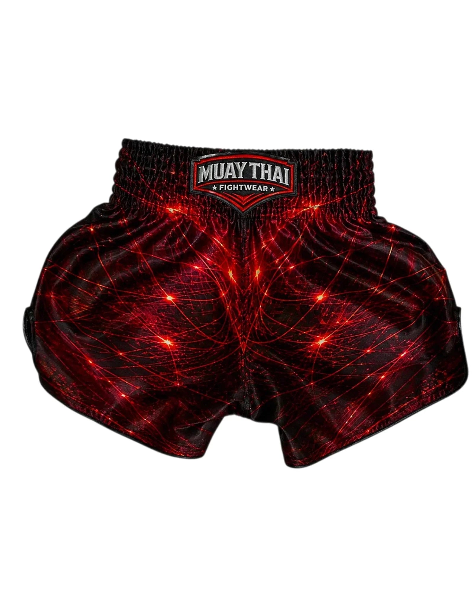Red Pulse Muay Thai shorts – bold red premium fight shorts front view – buy authentic Muay Thai gear Thailand
