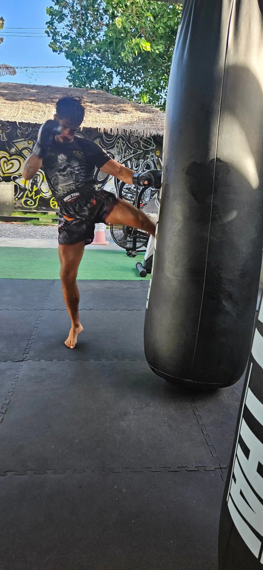 Shadow Predator Muay Thai shorts – fighter delivering devastating knee strike in dark predator design – order elite fight gear Thailand
