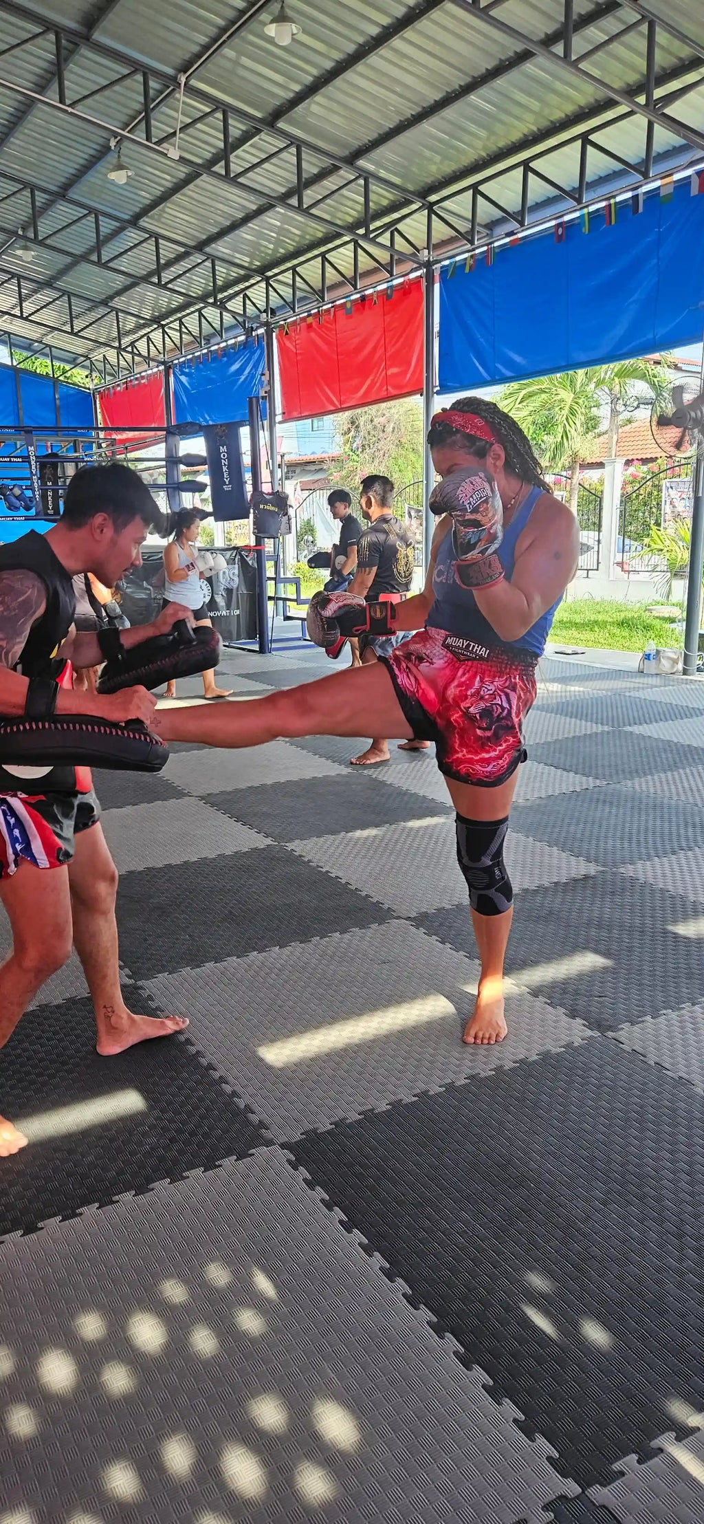Snake Tiger Muay Thai shorts – fighter delivering powerful knee strike – order competition fight gear Thailand
