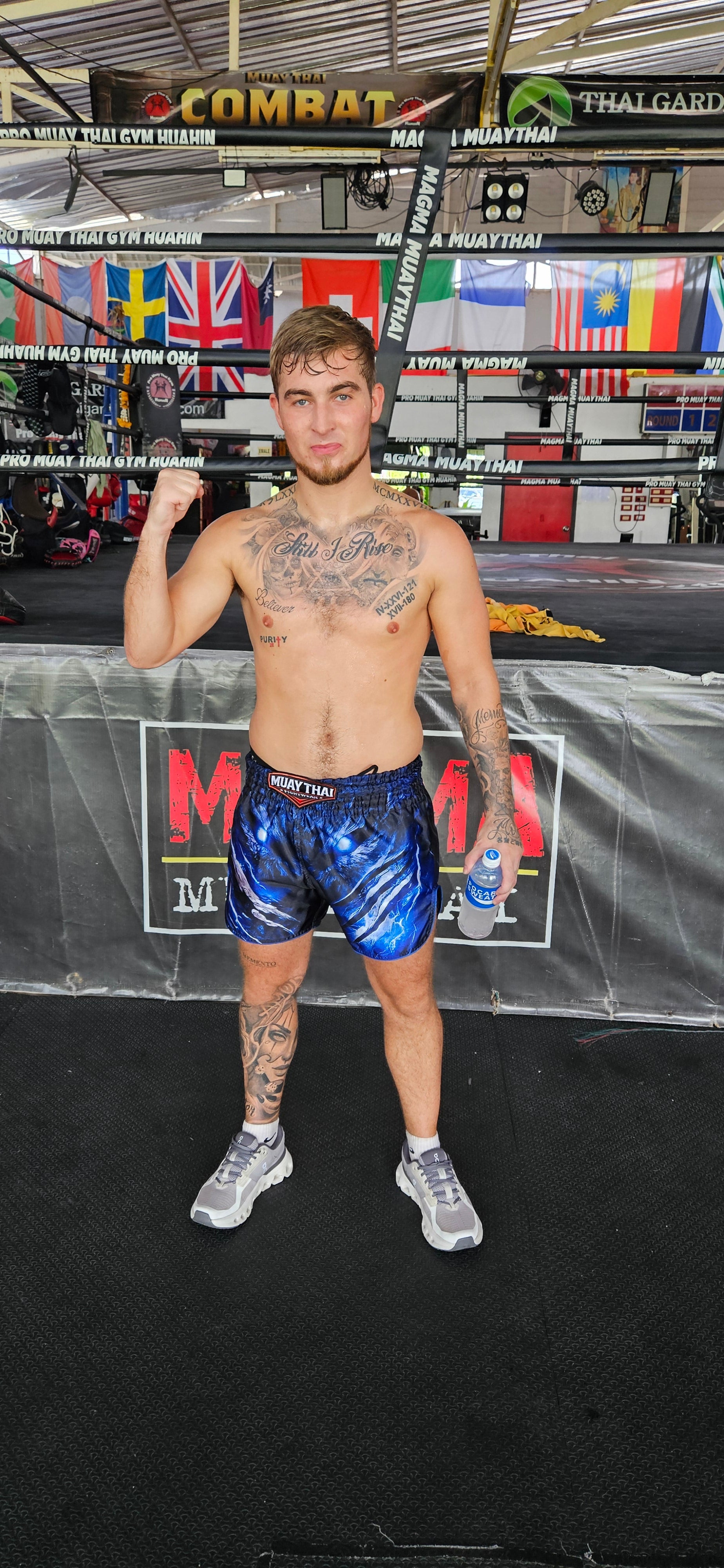 Storm Beast Muay Thai shorts – fighter in side stance during training – order premium fight shorts Thailand
